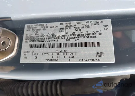 2025 Ford Escape Active z USA, uszkodzony, nr VIN 1FMCU0GN2SUB14012